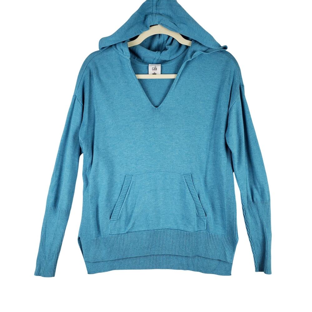 Cabi Women's XS Blue Hop To Hoodie Sweater Turquoise Blue Rib Knit Spring Casual